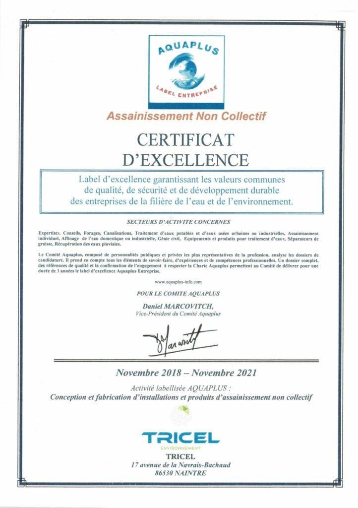 Tricel, Label Aquaplus certificat d'excellence assainissement non collectif